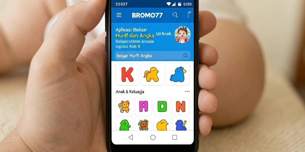 Tampilan antarmuka BROMO77 yang menarik untuk belajar huruf dan angka.