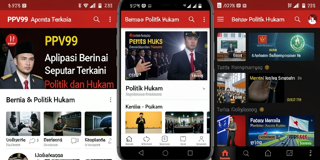 Antarmuka aplikasi PPV99 yang menampilkan berita politik dan hukum terbaru.